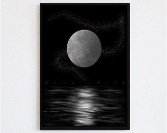 May include: Black and white illustration of a full moon reflecting on a body of water. The text "Moonchild" is written below the moon.