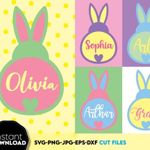 Op de afbeelding: Een digitaal Paasontwerp met konijnen silhouetten, elk met een naam zoals Olivia, Sophia, Arlo, Arthur en Grace. De konijnen zijn in pastelkleuren, met een hartdetail. De achtergrond is een mix van kleuren en stippen. Tekst bevat "Instant Download".