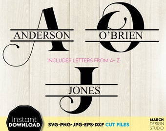Paquete de archivos SVG de monogramas divididos: Letrero con nombre familiar, letras cortadas con láser (descarga digital)