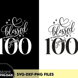 Op de afbeelding: Een digitaal grafisch ontwerp met de tekst blessed by God for 100 years, voorzien van een hartje en sterretjes. Het ontwerp wordt in twee versies getoond, één met witte tekst op een zwarte achtergrond en één met zwarte tekst op een witte achtergrond.