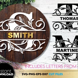 May include: A wooden sign with a white floral design and the last name "SMITH" in gold letters. The sign also includes the text "INCLUDES LETTERS FROM A-Z" and "SVG-PNG-EPS-DXF CUT FILES".