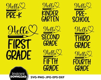 Back To School SVG Bundle: Hello Kindergarten, First Grade (Digital Files)