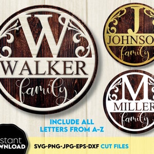 May include: Three round wooden signs with a rustic woodgrain background and decorative flourishes. Each sign features a large white letter, a family name, and the word "family". The names are "Walker", "Johnson", and "Miller".