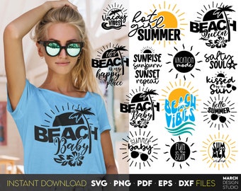 May include: A set of 14 digital cut files featuring beach-themed text and graphics. The graphics include a beach umbrella, palm trees, and the words "Beach Baby", "Beach Vibes", "Vacation Mode", "Sunrise Sunburn Sunset Repeat", "Salty Souls", "Kissed by the Sun", "Hello Summer", "Summer Vibes", "Fun in the Sun", and "Hot Girl Summer".