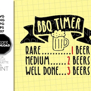 Może przedstawiać: Czarno-biały projekt graficzny z tekstem "BBQ TIMER" i ikoną szklanki piwa. Grafika zawiera również tekst "RARE... 1 PIWO", "MEDIUM... 2 PIWA", i "WELL DONE... 3 PIWA".