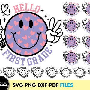 Puede incluir: Un conjunto de 10 archivos de corte SVG que presentan una cara sonriente con corazones y el texto "Hello" y el nivel de grado. Los archivos son perfectos para crear manualidades personalizadas, camisas y otros proyectos.