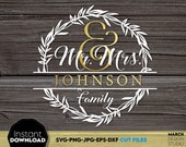 Family Name Monogram SVG: Split Wreath Cut File, Digital Download