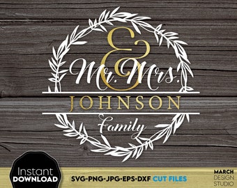 May include: A white and gold wedding wreath design with the text "Mr. & Mrs. JOHNSON family" on a wood background.