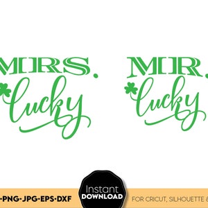 Puede incluir: Archivo de diseño digital verde para un diseño del Día de San Patricio que dice "MRS. Lucky" y "MR. Lucky" con un trébol.