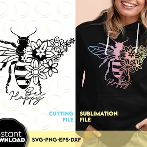 ビー ハッピー SVG | ビー SVG | バンブルビー SVG | ミツバチ svg | 幸せ svg | クリカット用 SVG ファイル | クリカット、シルエット用カット ファイル