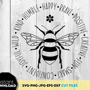 May include: Black and white illustration of a bee with the words "Kind, Humble, Happy, Brave, Positive, Creative, Fun, Smart, Confident, Joyful, Wild" surrounding it.