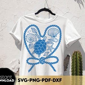 Tortuga marina y corazón de concha SVG, diseño náutico de amor oceánico para Cricut, Silhouette, PNG de sublimación, impresión de camisetas y tazas - Descarga instantánea