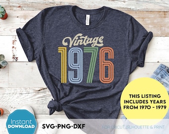 Pacote de arquivos SVG e PNG para camisetas de aniversário vintage, design retrô dos anos 1970 a 1979.
