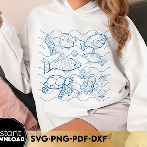 Camisetas de vida marina de colores Toile de Jouy PNG / Camiseta de sardina SVG / Tendencia de vida marítima / Estética de pescador / Sudadera con lazo marítimo PNG