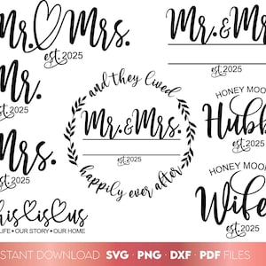 De heer en mevrouw 2025 SVG-bundel, de heer en mevrouw splitsen monogram SVG, manlief 2025 SVG, huwelijk svg, bruiloft svg bundel, bruid bruidegom svg png Cricut