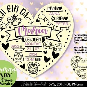 May include: A heart-shaped baby announcement design with the name "Maria" in purple. It includes illustrations of a stork, baby, scale, measuring tape (53 cm), and clock. The design also features the parents' names and baby's birth details.