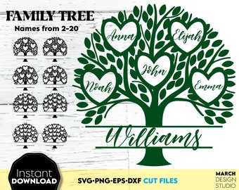 May include: Green family tree silhouette with heart-shaped leaves, each with a name written inside: Anna, Elijah, John, Emma, Noah. The tree trunk has the name Williams written below it. The text "Family Tree" and "Names from 2-20" are at the top of the image.