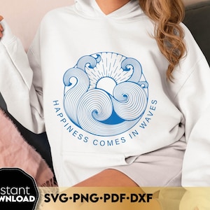 La felicidad viene en olas SVG PNG: imágenes prediseñadas de olas del océano para sublimación, diseño de amanecer de verano en la playa, frase digital sobre el mar para camisetas y tazas