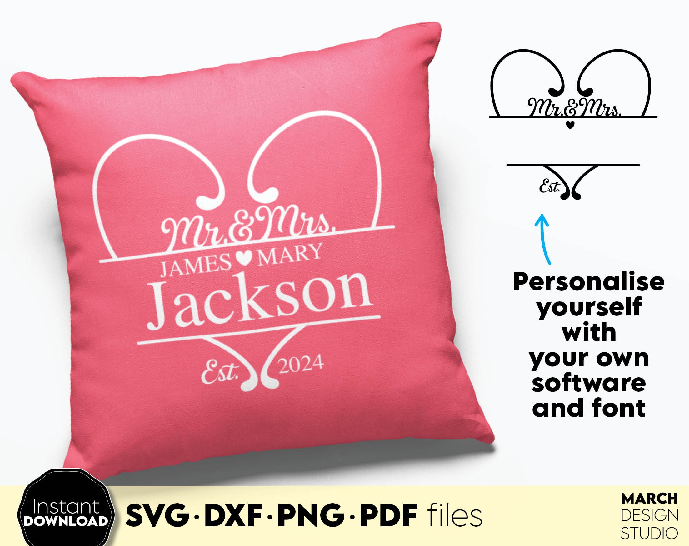 Mr Mrs クッション 結婚式 ハート ピンク ミスター ミセス ウェディング Custom Wedding Sign SVG: Mr and Mrs Last Name Monogram, Digital