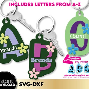 May include: A set of printable SVG and DXF files for creating personalized keychains. The design features a green background with a purple, blue, and pink letter, and a flower design. The letters are A, B, and C, and the text includes "Amanda", "Brenda", "Carol", "Includes letters from A-Z", "Your project idea", "You will get", "ABC", "Personalize colors yourself with your own software and font", "Instant Download", "SVG-DXF", "March Design Studio".