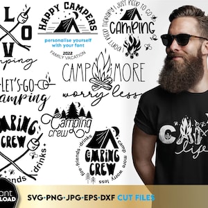 Paquete de camisetas de camping PNG, imágenes prediseñadas de sublimación para equipo de camping, SVG de vida en el campamento, SVG de fogata divertida, SVG de campista feliz, SVG de campamento de amor