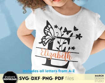 May include: A white t-shirt with a black butterfly and floral design. The butterfly is partially inside the letter "E" which is part of the name "Elizabeth". The text "Includes all letters from A-Z" and "SVG. DXF. PNG. PDF files" is below the design.