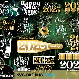 Pacote SVG de Feliz Ano Novo 2026, enfeites de Ano Novo com letras feitas à mão, PNG dourado brilhante para projetos de sublimação de Ano Novo 2026, pacote de clipart