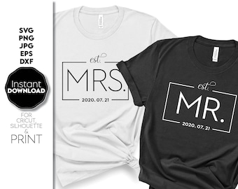 May include: Two t-shirts, one white and one black, with the text "est. MRS. 2020.07.21" and "est. MR. 2020.07.21" printed on them.