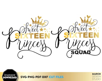 Sweet Sixteen Princess SVG : modèles de chemises de fête d'anniversaire (fichiers numériques)