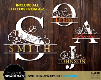 Bloemenmonogramlettertype met gesplitste letters SVG: Bruiloft, familienaam, digitale download
