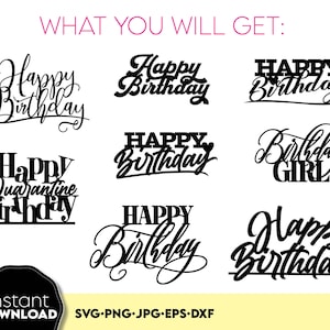 Happy birthday cake topper svg bundle, birthday girl cake topper svg, birthday laser cut cake topper svg bundle, files for cake toppers dxf