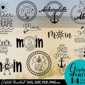May include: A collection of 14 German maritime designs in black, including phrases like "Das Meer ist meine Therapie" and "Ankerplatz." The designs feature nautical elements such as anchors, ships, and seagulls, perfect for crafting projects.