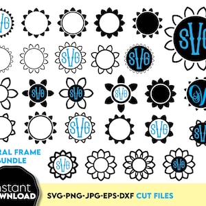 Floral Circle Frame SVG PNG Bundle, Monogram and Initial Frames, Digital Download