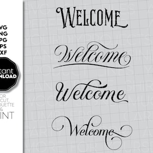 Può includere: Quattro stili diversi della parola "Benvenuto" in testo nero su sfondo bianco. La parola è in una varietà di font e stili, tra cui un font serif classico, un font corsivo e un font più moderno.