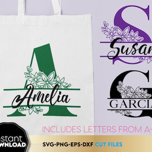 Nachname Split Buchstabe Monogramm svg, Namensschild Monogramm svg, Blumenhochzeitsmonogramm svg, Familien Monogramm svg, Benutzerdefinierte Monogramm Buchstaben svg