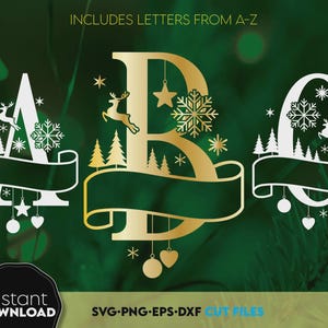 Può includere: Lettere monogramma a tema natalizio A, B e C in oro e bianco. Ogni lettera presenta uno striscione decorativo, fiocchi di neve, renne, stelle e alberi di Natale. L'immagine include il testo "INCLUDES LETTERS FROM A-Z" e "Instant DOWNLOAD".