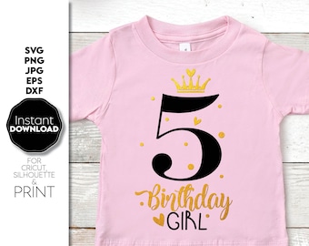 SVG-bestand van een shirt voor een meisje dat haar 5e verjaardag viert: ontwerp met prinsessenkroon (digitale download).