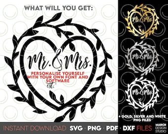 Mr and Mrs Wedding Sign SVG: Floral Wreath Frame (Digital Files)