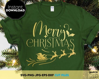 Feliz Navidad SVG, archivo de corte de trineo de Papá Noel, diseño navideño de renos, diseño Cricut para camisetas navideñas, cita navideña SVG