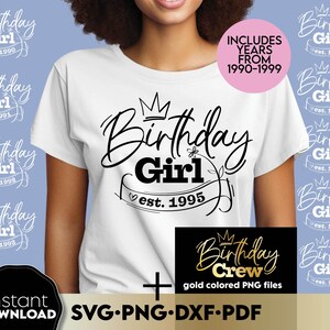 Ragazza del 30° compleanno Est. 1995 SVG PNG, Maglietta per ragazza del 30° compleanno SVG, Pacchetto ragazza del compleanno Est. 1990-1999, Clipart PNG color oro per il compleanno