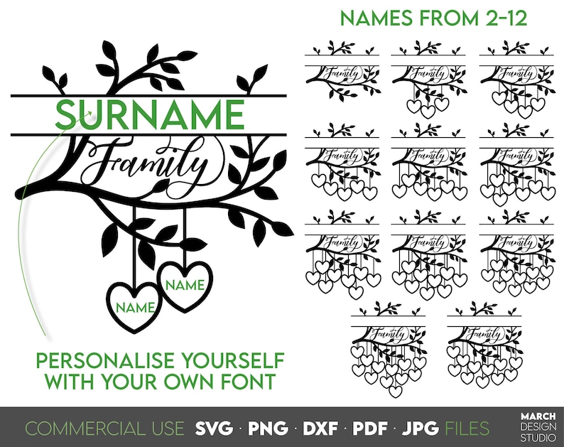 Family tree design with elegant Split monogram to insert first or last name. 5 file formats allow this Family Tree design to be cut from vinyl, engraved on glass or used as a laser cut file. Compatible with Cricut, Silhouette or other. Buy now Enjoy!