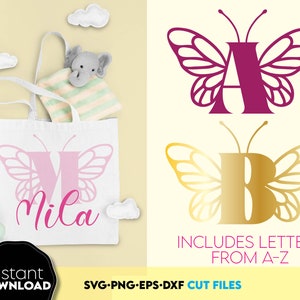 Papillon monogramme Alphabet SVG PNG | Alphabet cadre monogramme | fichier pour cricut svg | Lettres papillon 26 limes individuelles