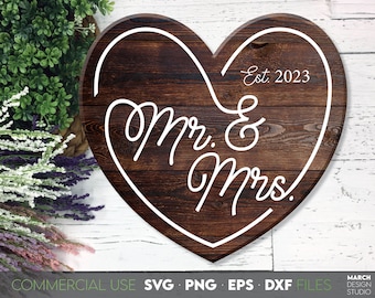 Meneer en mevrouw hart monogram SVG | Lasergesneden bestand bruiloftsbord
