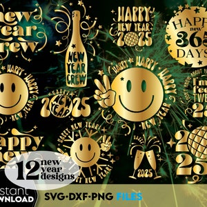 Feliz año nuevo 2025 PNG Svg Bundle, Adornos de año nuevo con letras a mano SVG, Año nuevo Png Svg, Sublimación de año nuevo, Citas de año nuevo Svg Png
