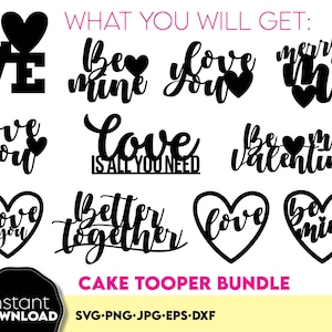 Paquete de citas de amor SVG PNG del día de San Valentín, paquete de adornos para tartas SVG del día de San Valentín para proyectos de corte por láser, adornos para tartas PNG SVG dxf de San Valentín