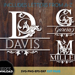 Split monogram DXF, The Family Svg, familie monogram, achternaam teken Svg Png, bruiloft monogram svg, gesplitste letters lasergesneden monogram