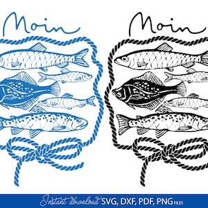 Pode incluir: Dois desenhos de peixes, um em azul e outro em preto, cada um com uma coleção de peixes dentro de uma borda de corda. A palavra "Moin" está escrita acima dos peixes. A parte inferior da imagem tem o texto "Instant download SVG, DXF, PDF, PNG FILES".