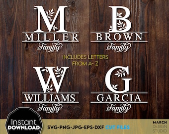 May include: Four white monogrammed family name signs with a leafy design. The signs read "Miller Family", "Brown Family", "Williams Family", and "Garcia Family".