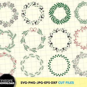 May include: Twelve different Christmas wreath designs in black, green, and red. The wreaths are decorated with snowflakes, reindeer, bells, stars, and gingerbread men.