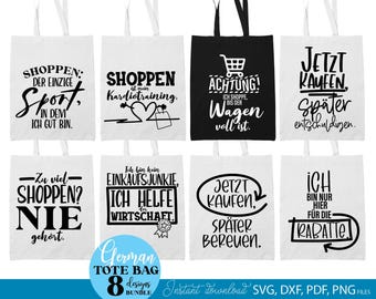 Shopping Tote Bag Designs Bundle: 8 lustige deutsche SVG Sprüche